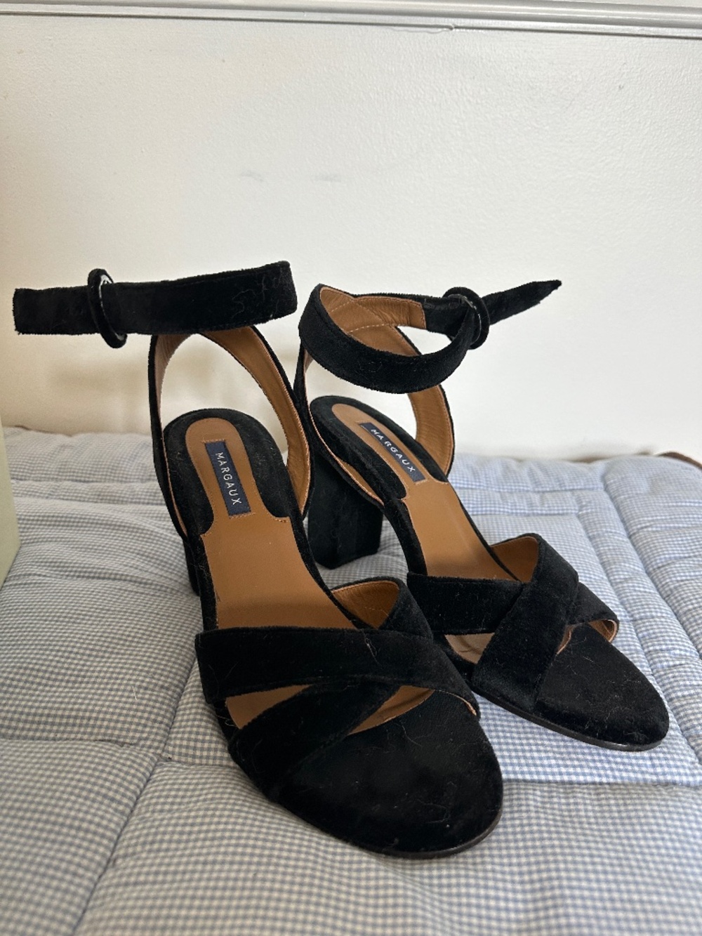 Margaux Black Suede Cross Strap Platform Block Heel Sandals With Box - Size 39